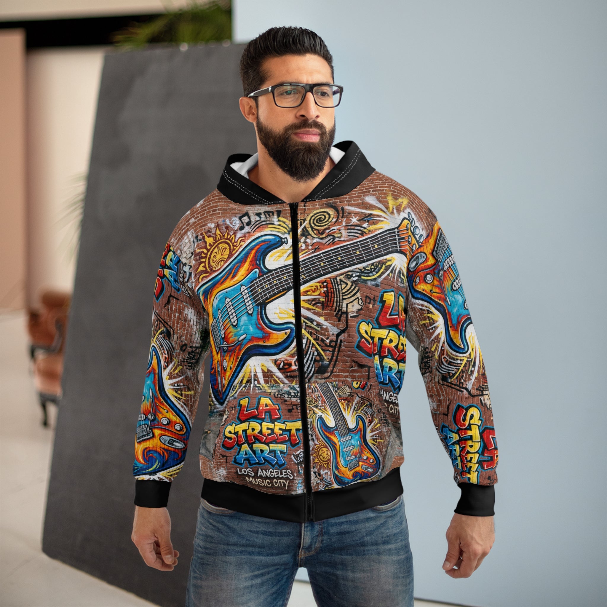 Music Man Graffiti Guitar Zip Hoodie — LA Street Art Music City Design