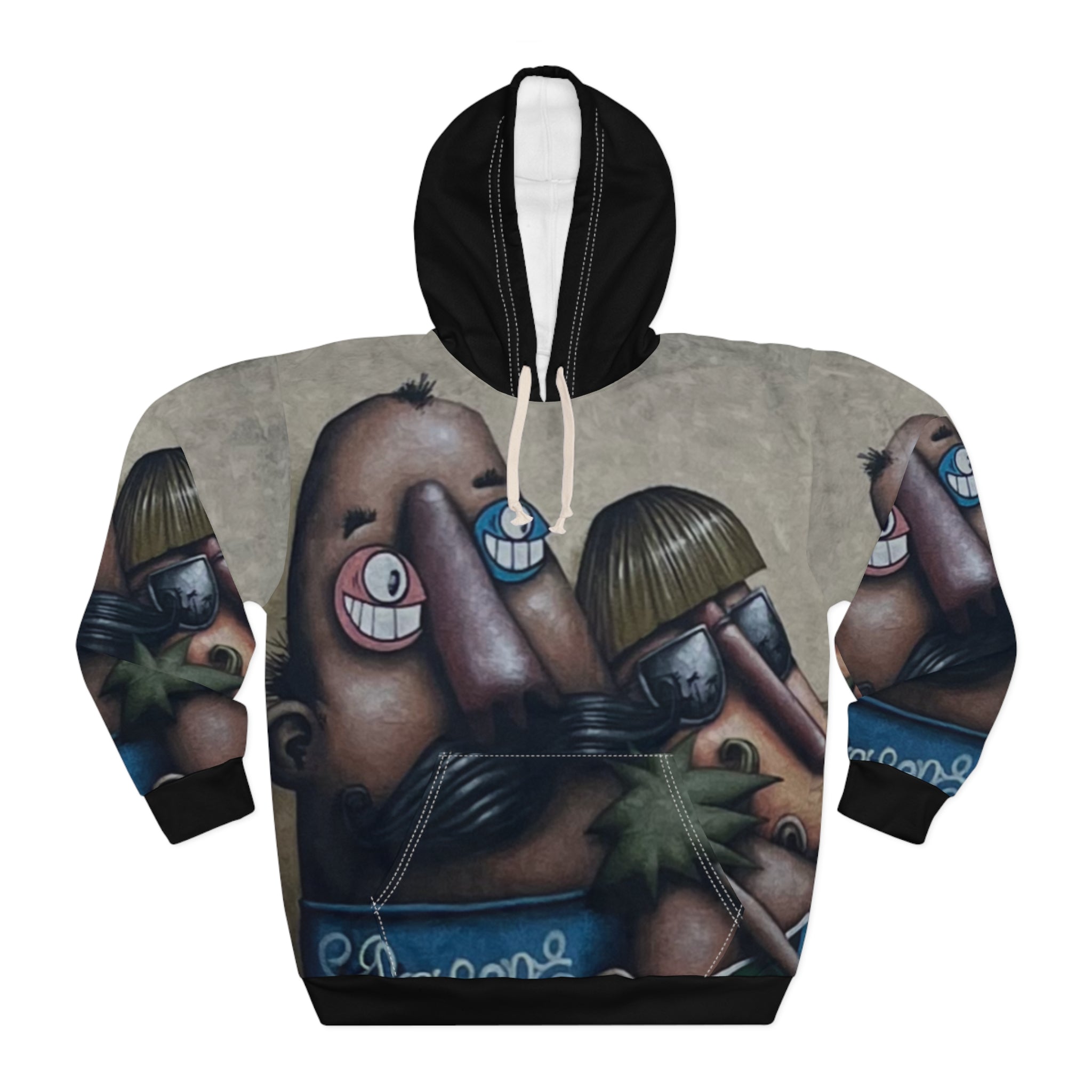 Fred & Ted Graphic Street Art Hoodie — Whimsical Graffiti Faces All-Over Print