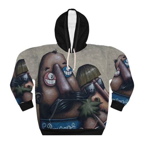 Fred & Ted Graphic Street Art Hoodie — Whimsical Graffiti Faces All-Over Print