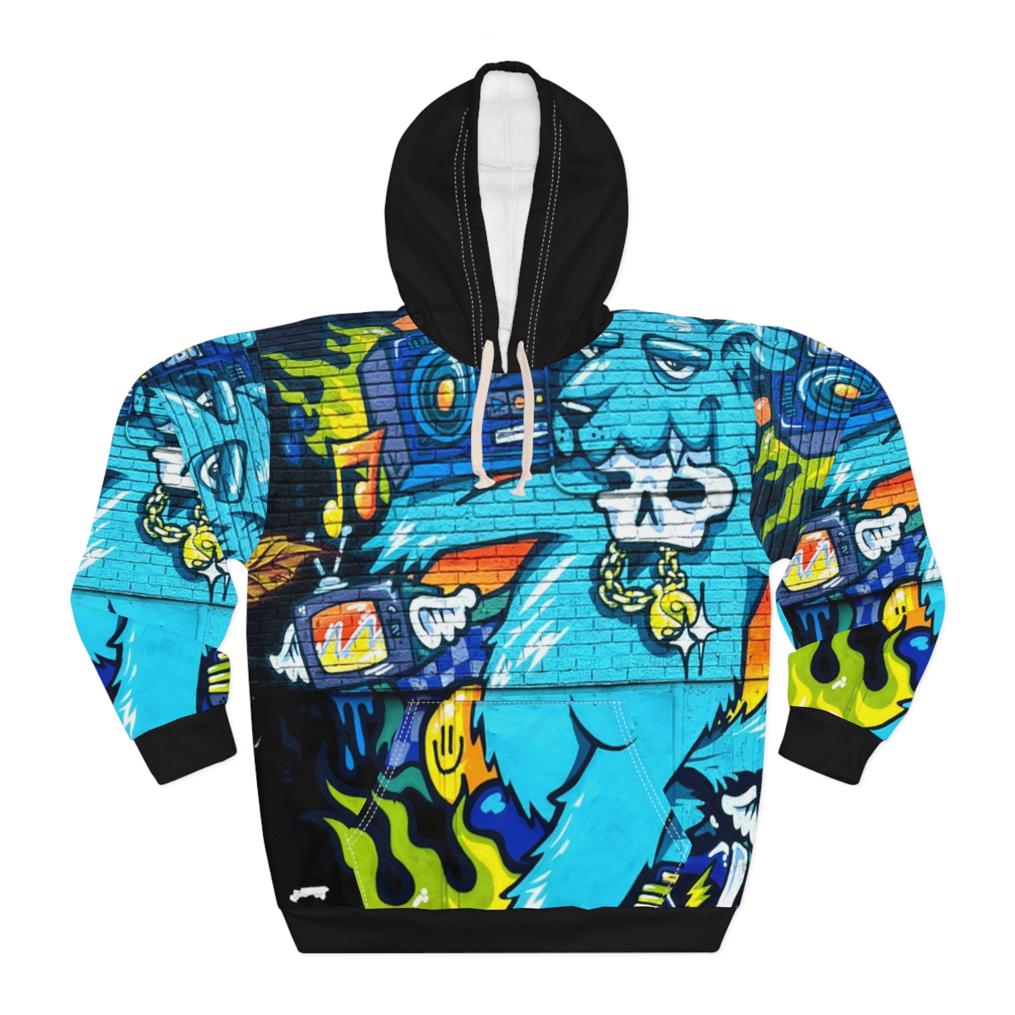 Rock On Graffiti Blue Monster Hoodie – All-Over Printed Streetwear Pullover