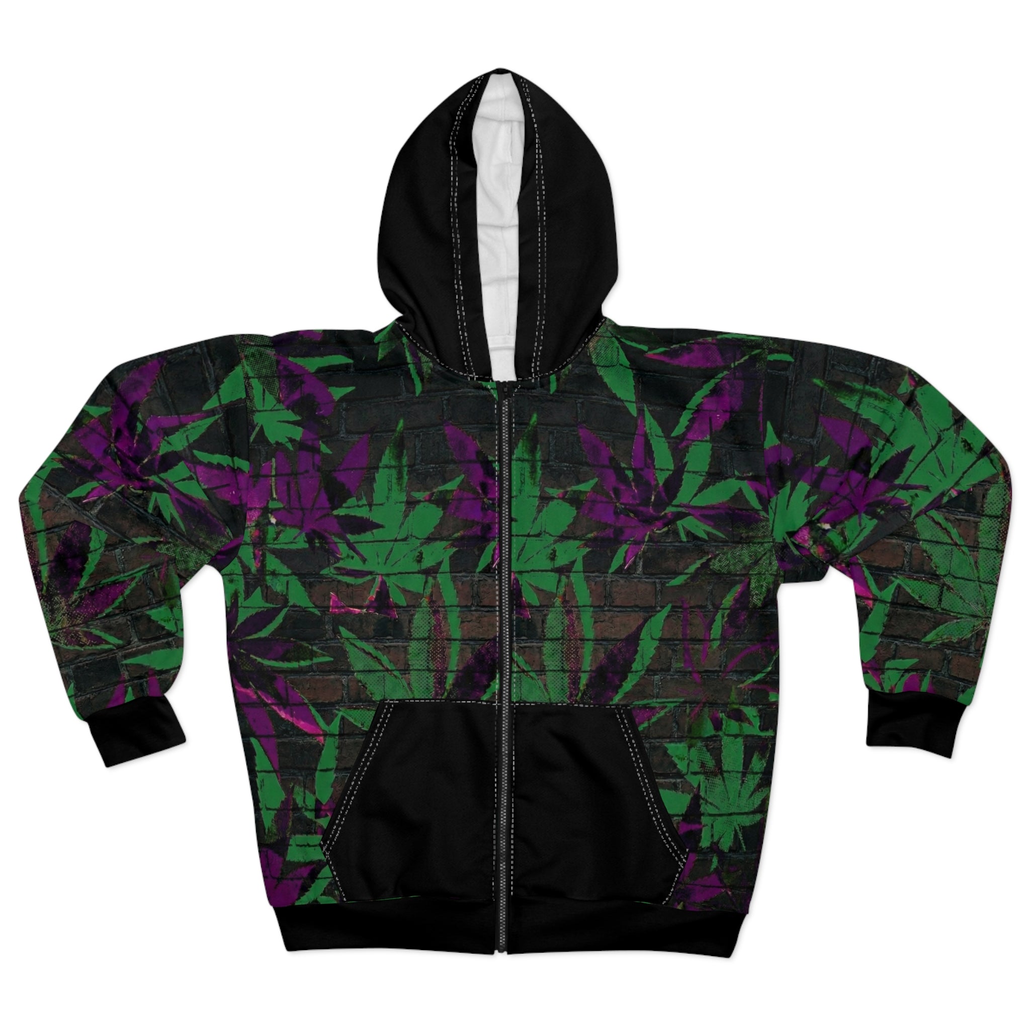 WDS King Reefer Hip Hop Green & Purple Cannabis Leaf Zip Hoodie — Grunge All-Over Print