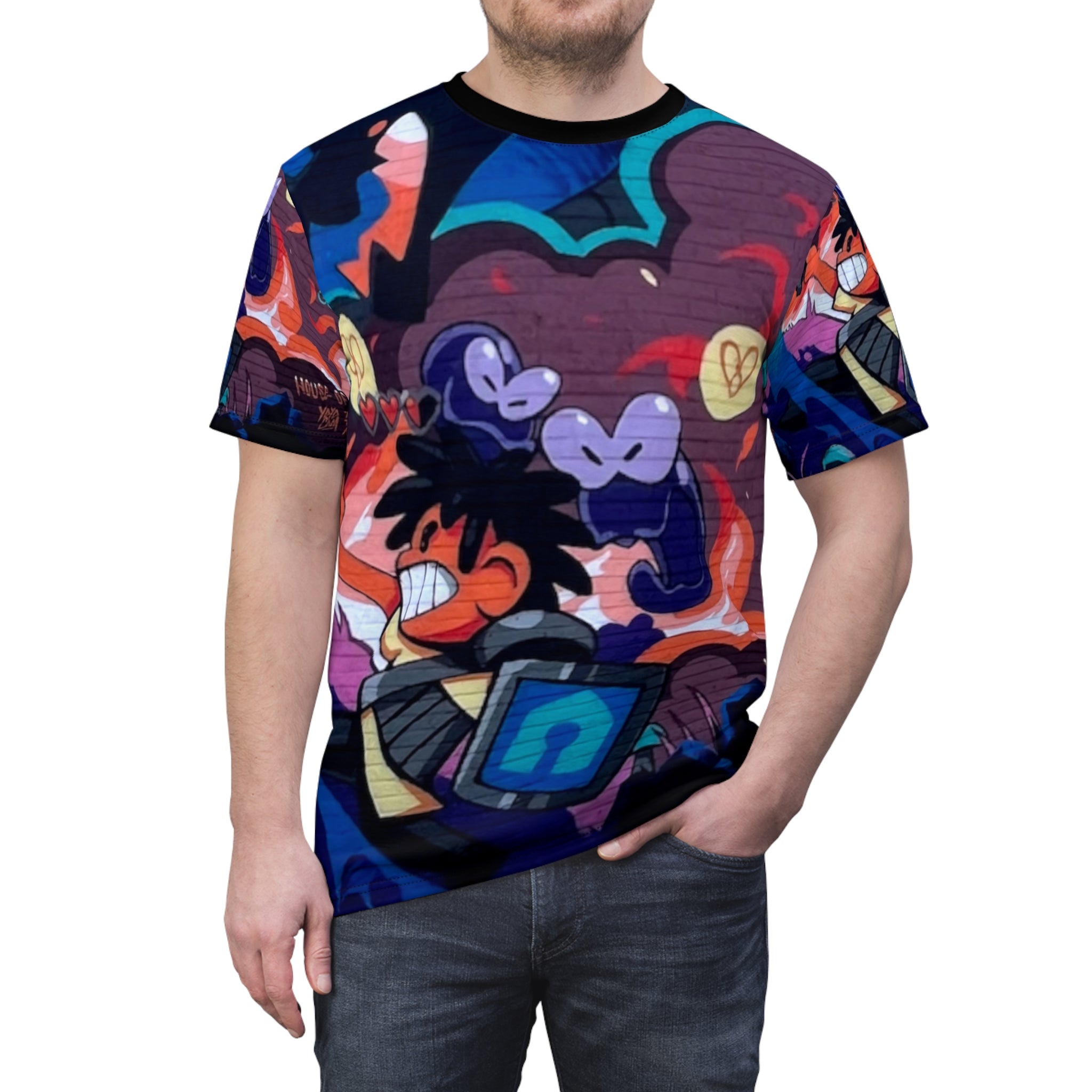 Griff Skateboard Gamer Cartoon All-Over Print Tee — Colorful Anime Arcade Design