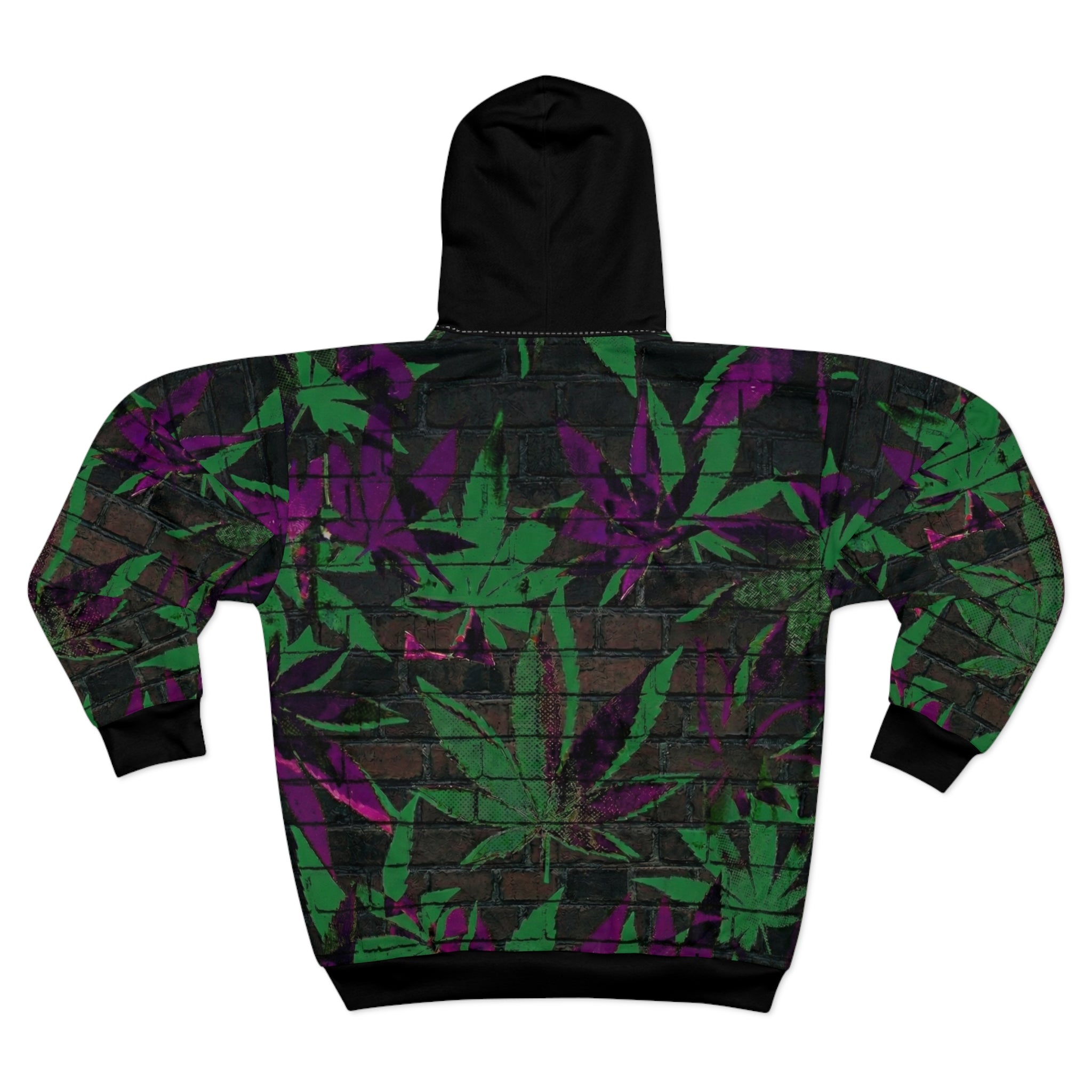 WDS King Reefer Hip Hop Green & Purple Cannabis Leaf Zip Hoodie — Grunge All-Over Print