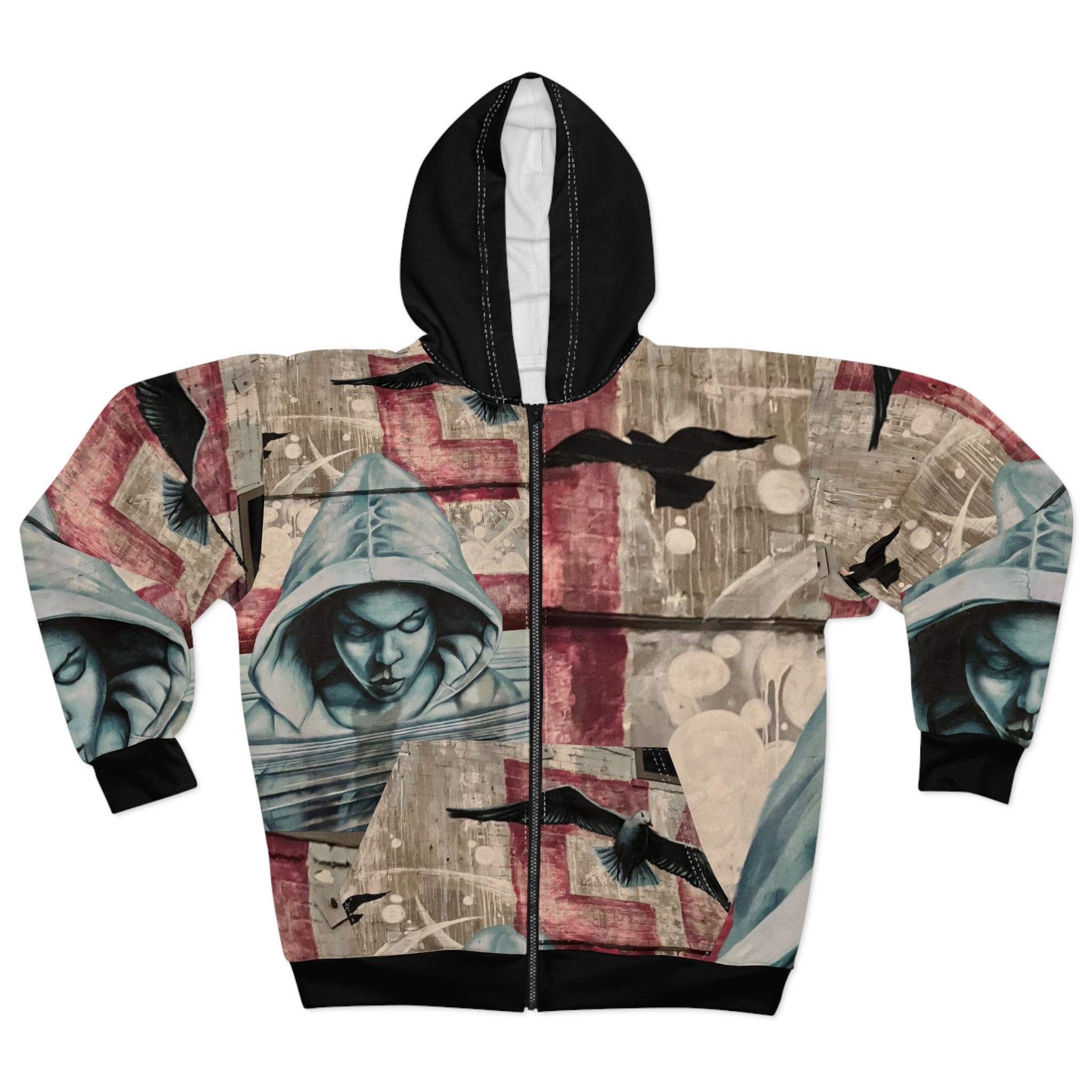 Freedom Sings Street Art Hoodie — Graffiti Hooded Zip-Up with Moody Hooded Figure