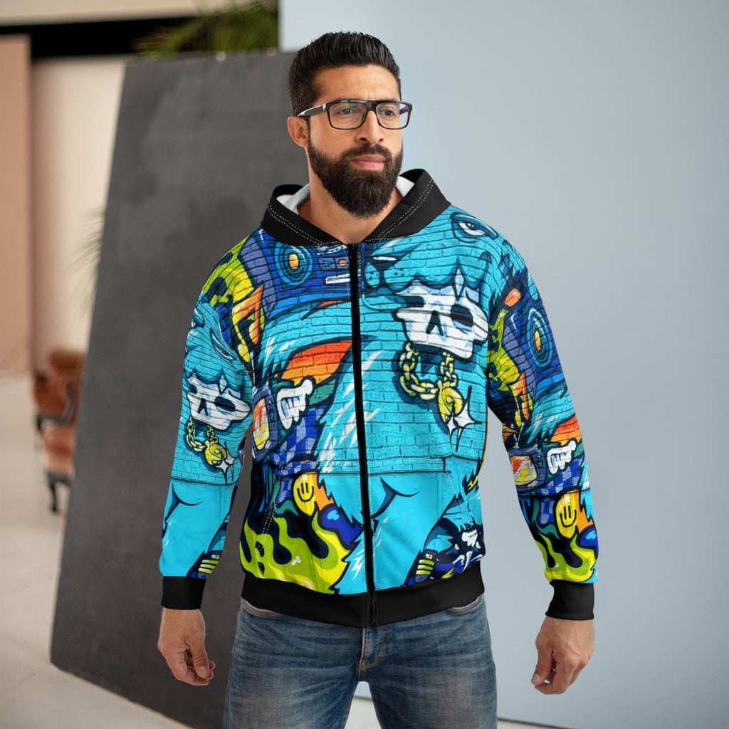 Rock On Graffiti Blue Street Art Zip Hoodie — Graffiti Skull Boombox Design
