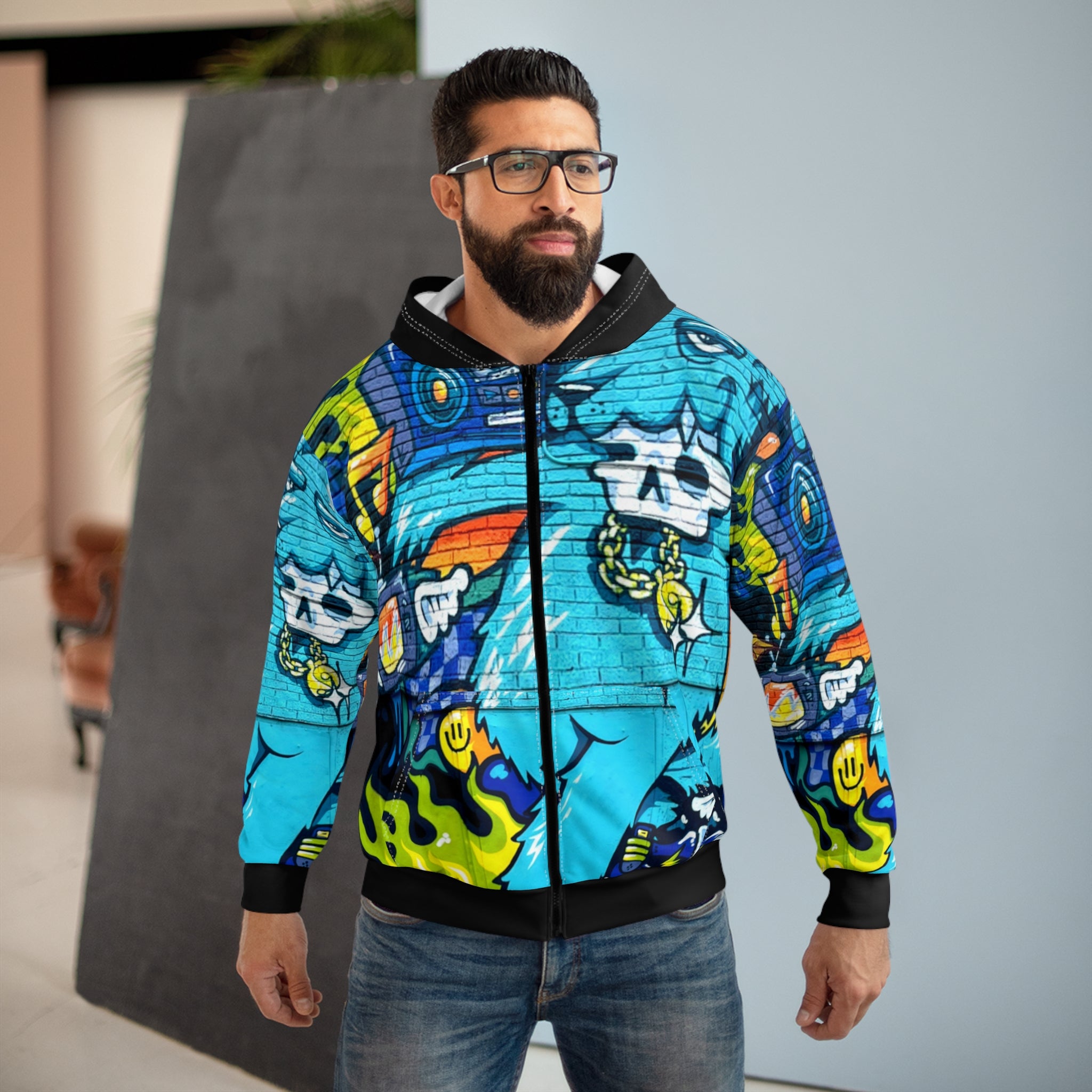 Rock On Graffiti Blue Street Art Zip Hoodie — Graffiti Skull Boombox Design