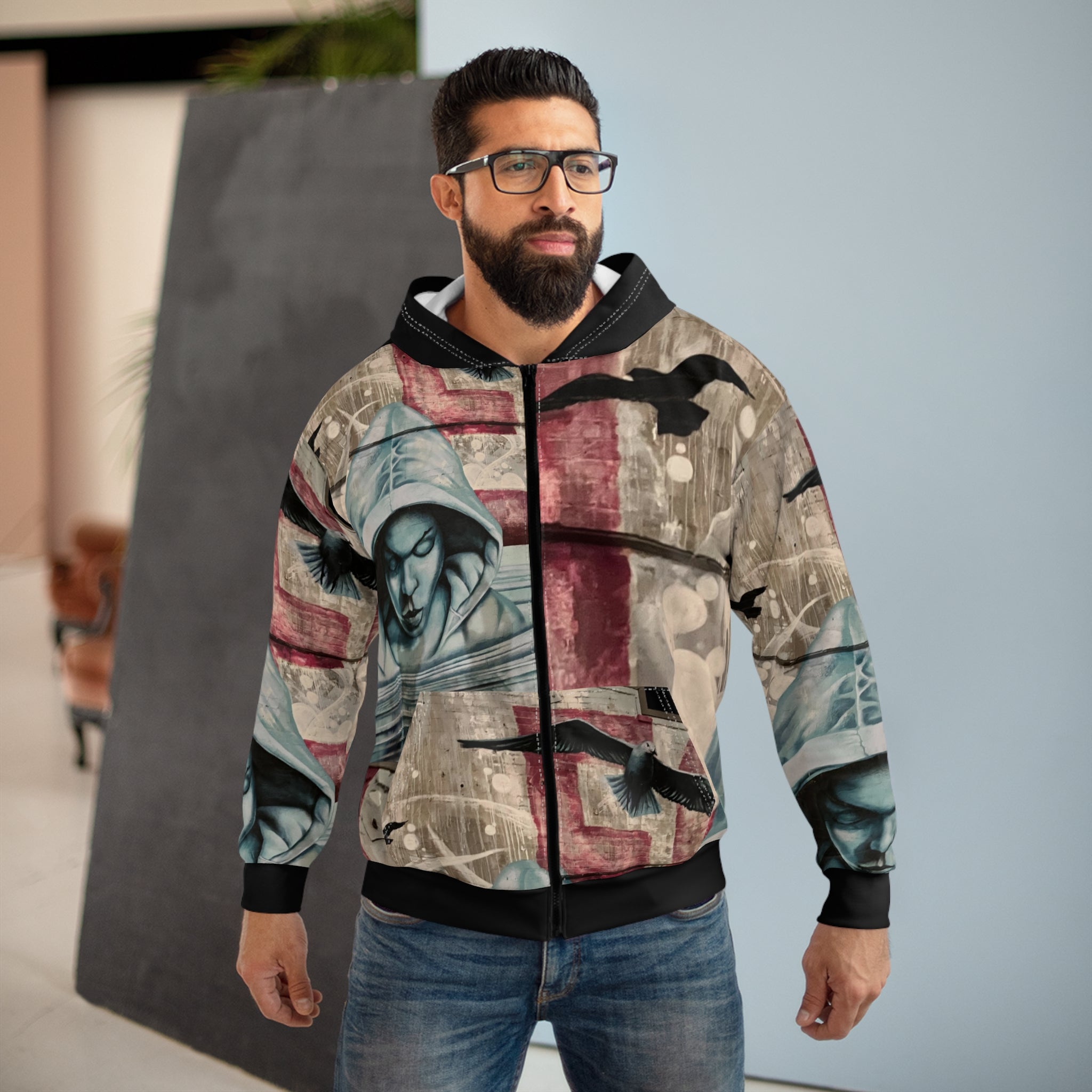 Freedom Sings Street Art Hoodie — Graffiti Hooded Zip-Up with Moody Hooded Figure