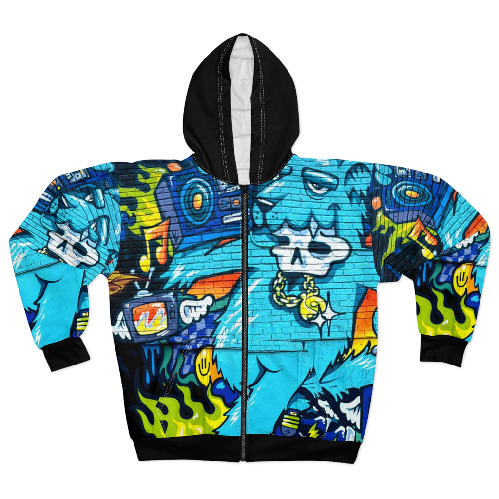 Rock On Graffiti Blue Street Art Zip Hoodie — Graffiti Skull Boombox Design
