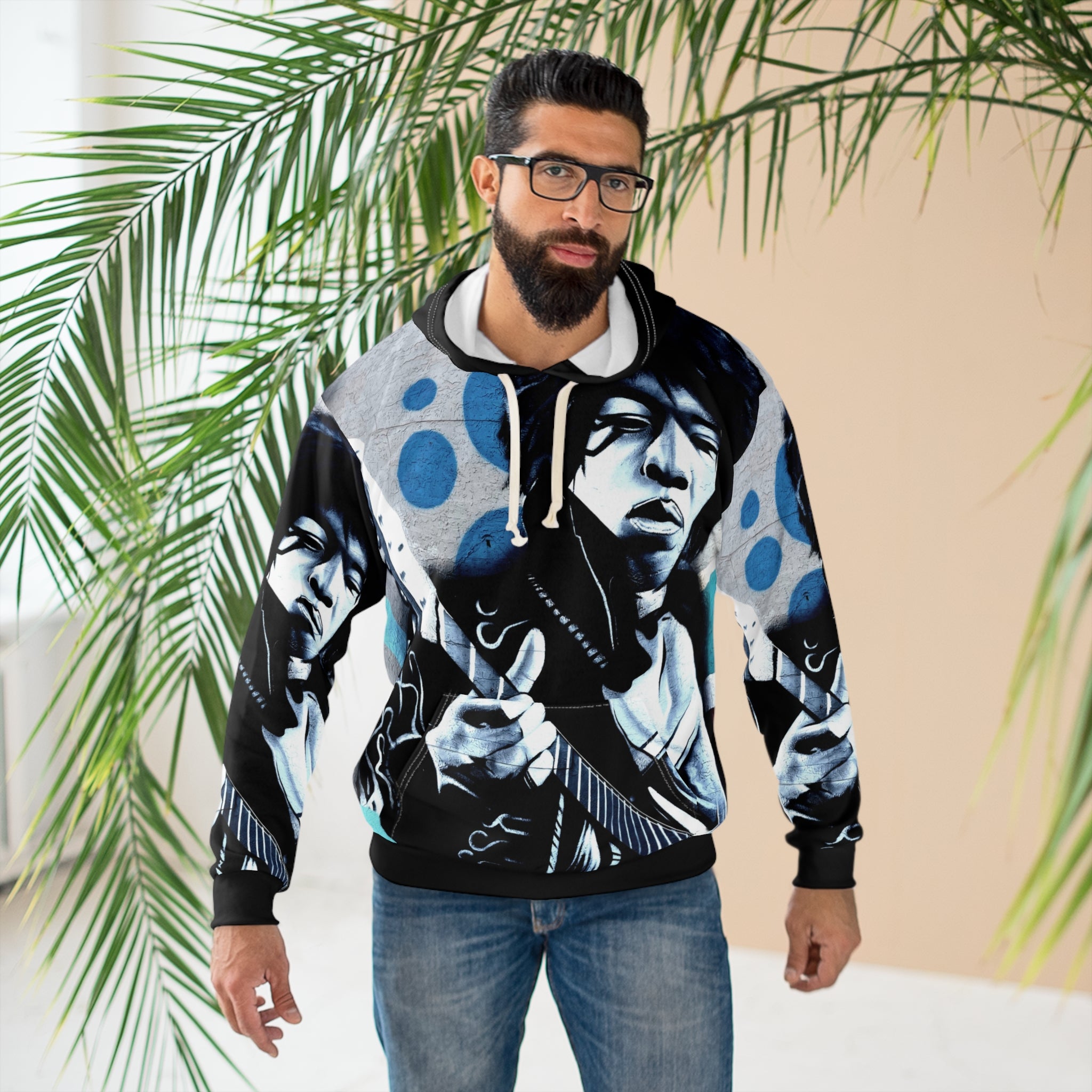 Jimi Hendrix Guitarist Portrait Hoodie — All-Over Print Rock Music Pullover