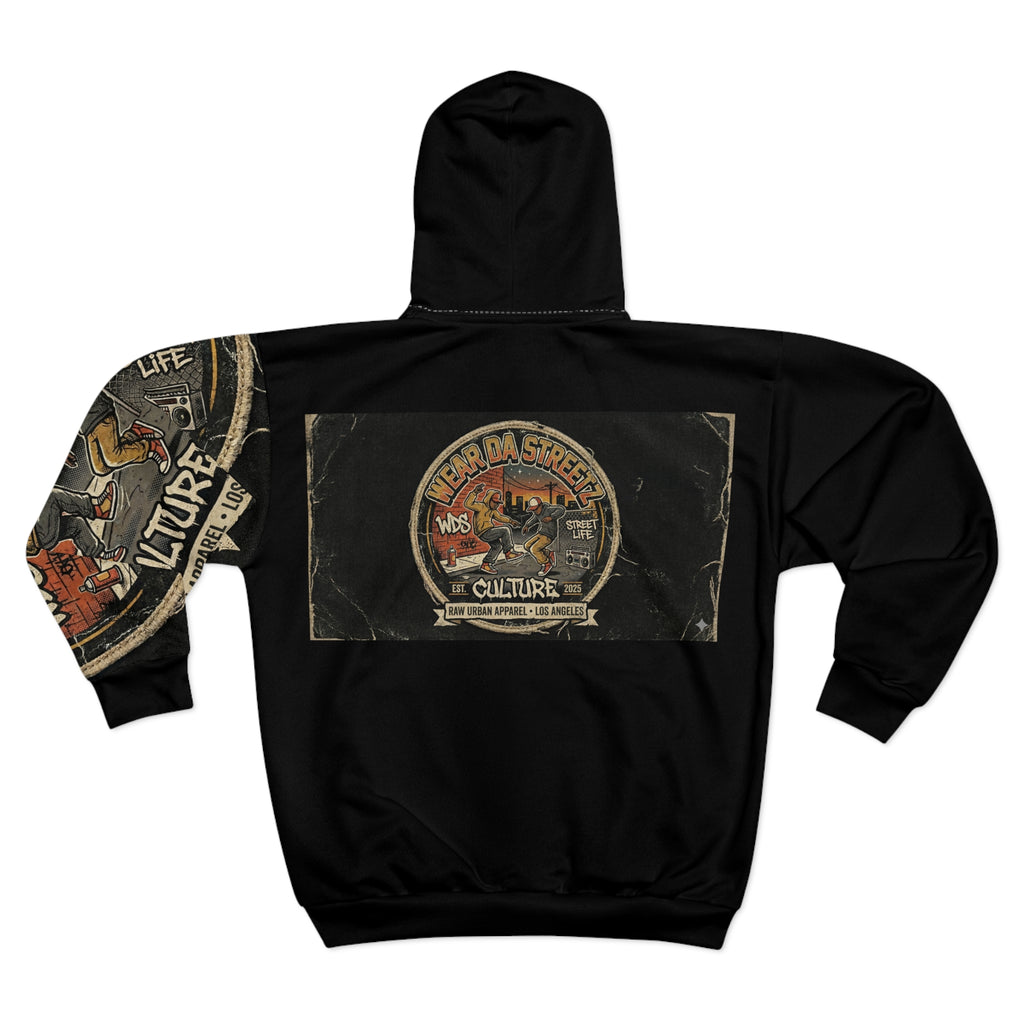 Wear Da  Streetz Culture Zip Hoodie — Retro Patch Graphic Full-Zip Hoodie