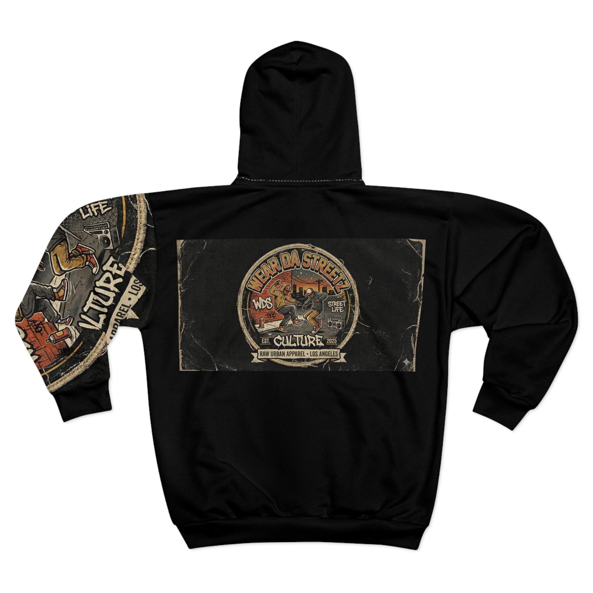 Wear Da  Streetz Culture Zip Hoodie — Retro Patch Graphic Full-Zip Hoodie