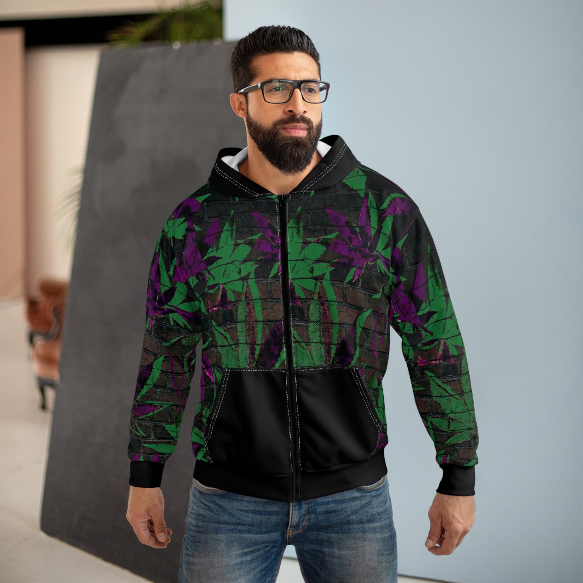 WDS King Reefer Hip Hop Green & Purple Cannabis Leaf Zip Hoodie — Grunge All-Over Print