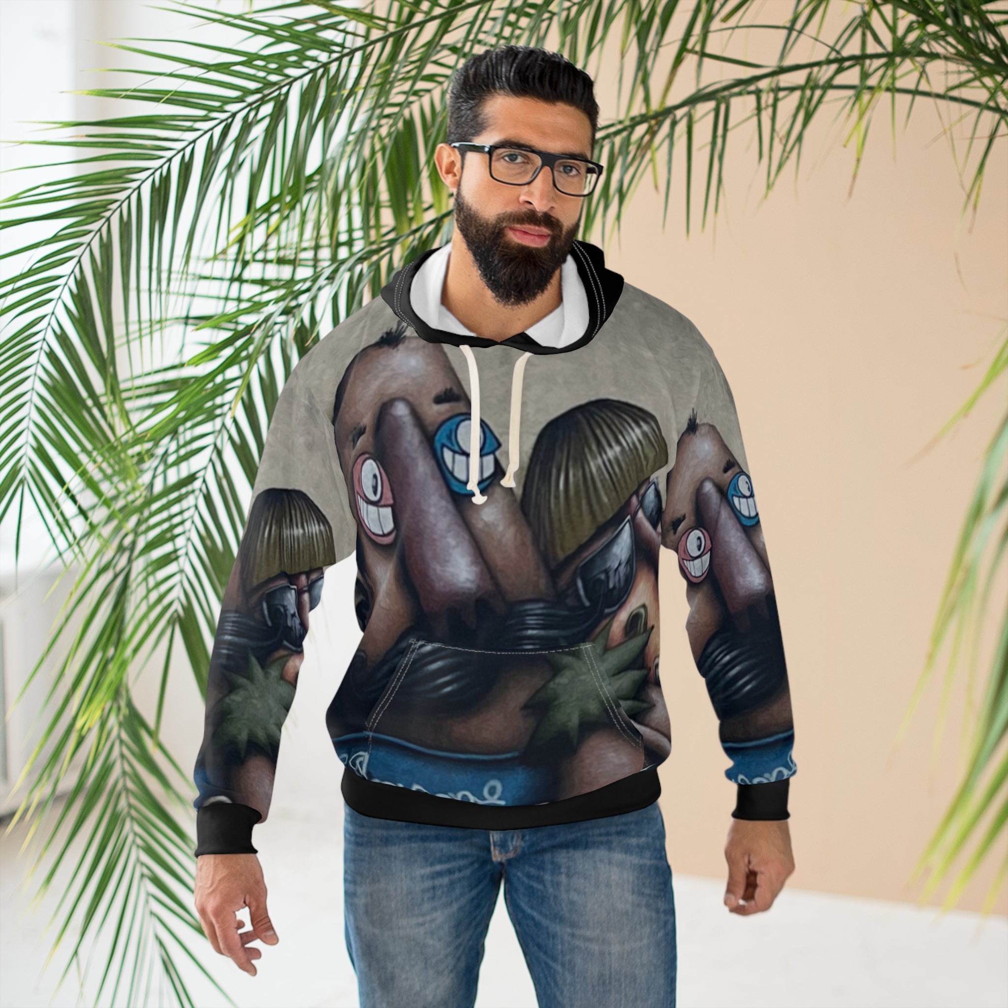 Fred & Ted Graphic Street Art Hoodie — Whimsical Graffiti Faces All-Over Print