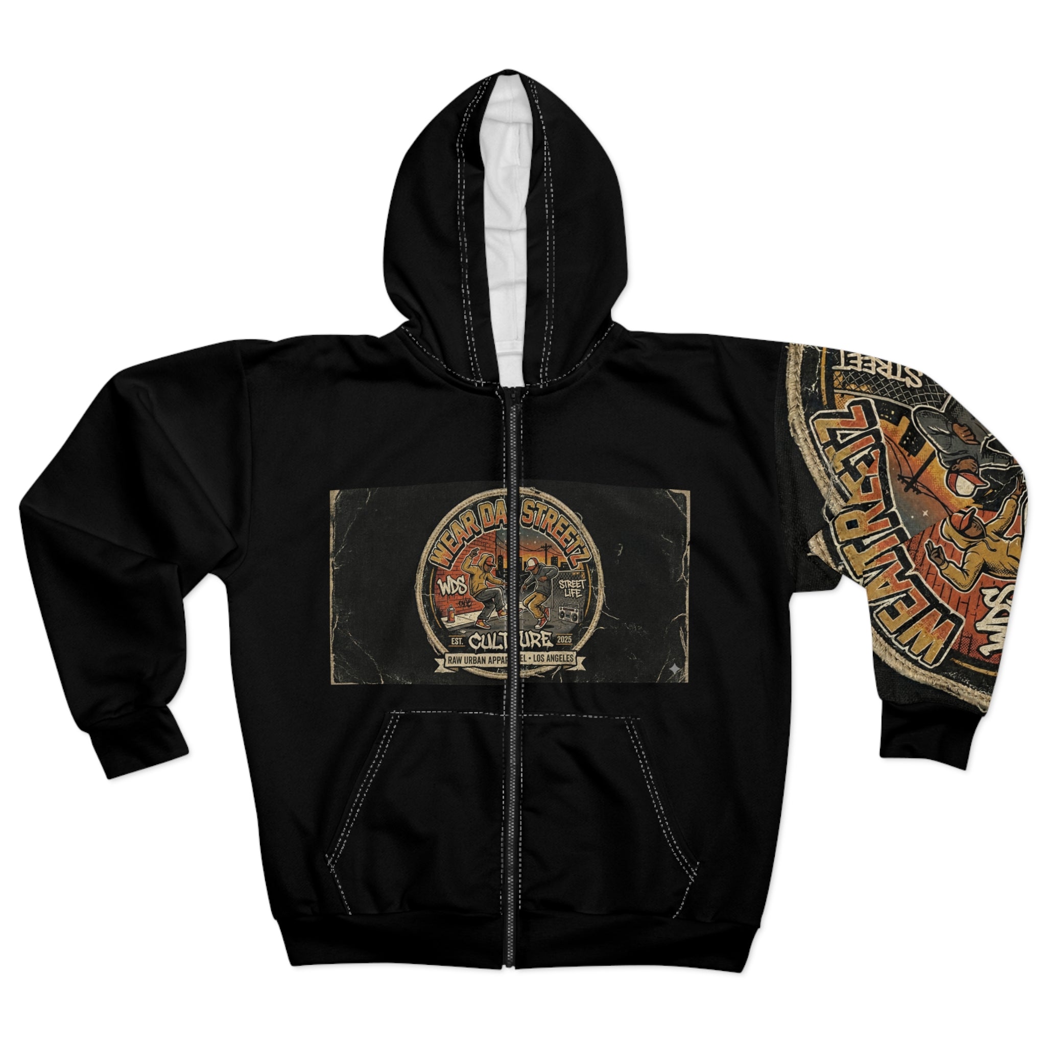Wear Da  Streetz Culture Zip Hoodie — Retro Patch Graphic Full-Zip Hoodie