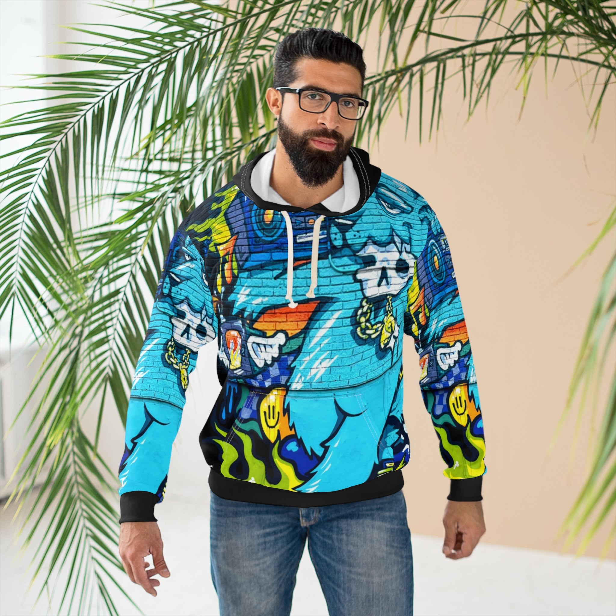 Rock On Graffiti Blue Monster Hoodie – All-Over Printed Streetwear Pullover