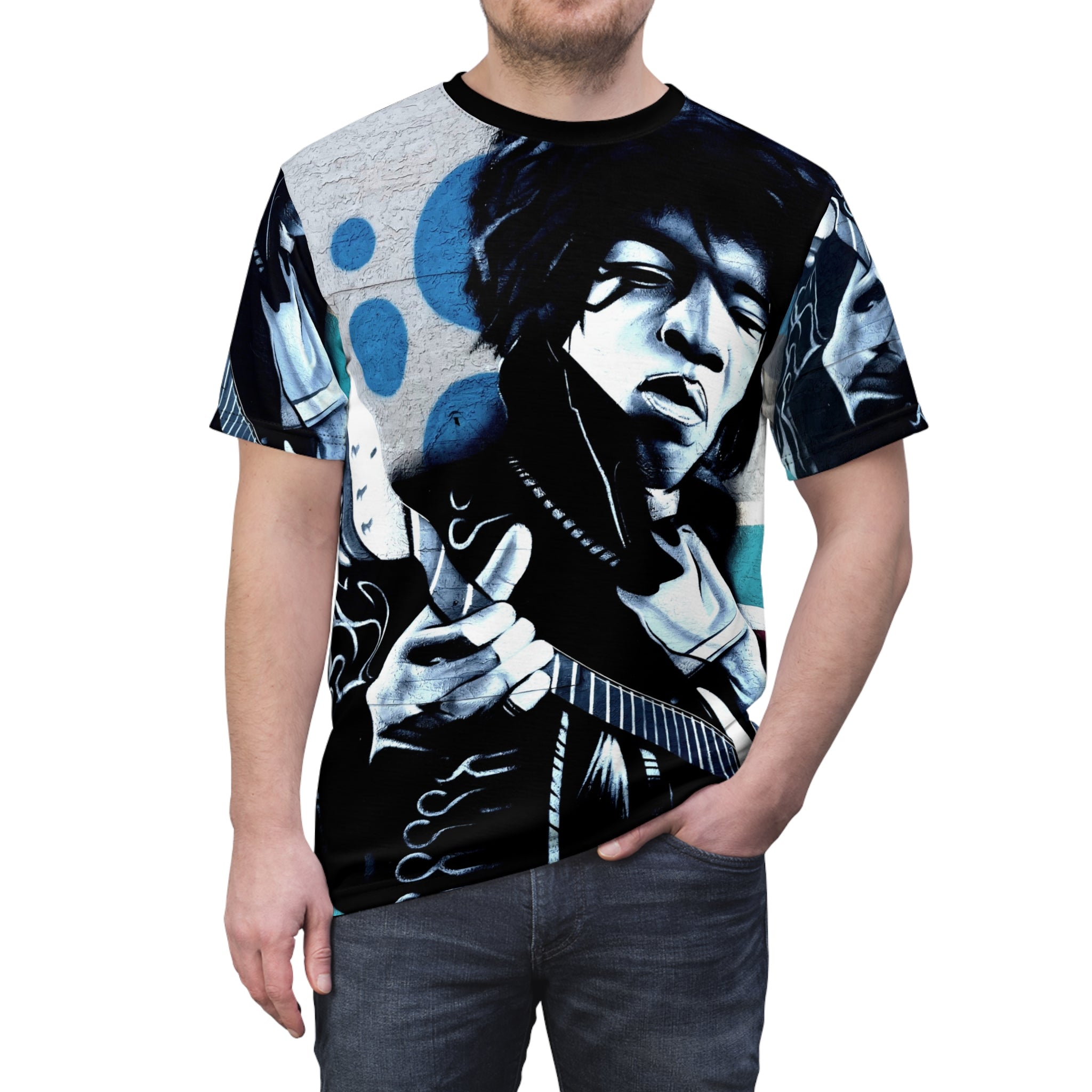 Jimi Hendrix Streetz Art  Portrait Tee — All-Over Print Rock Music Graphic Shirt