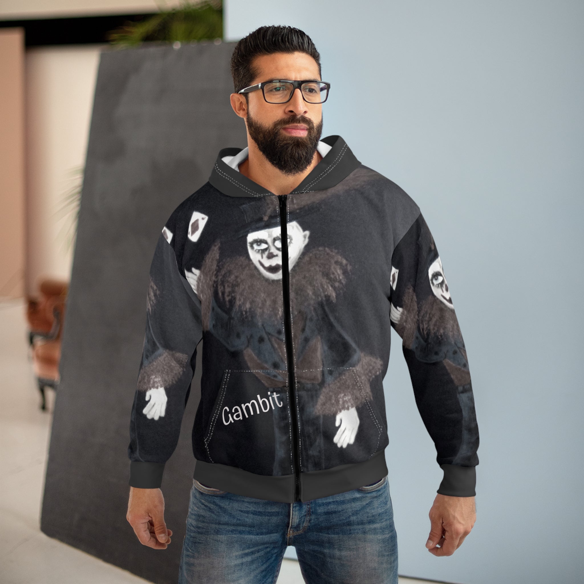 Gambit Marvel Jester Zip Hoodie – Gothic Clown All-Over Print