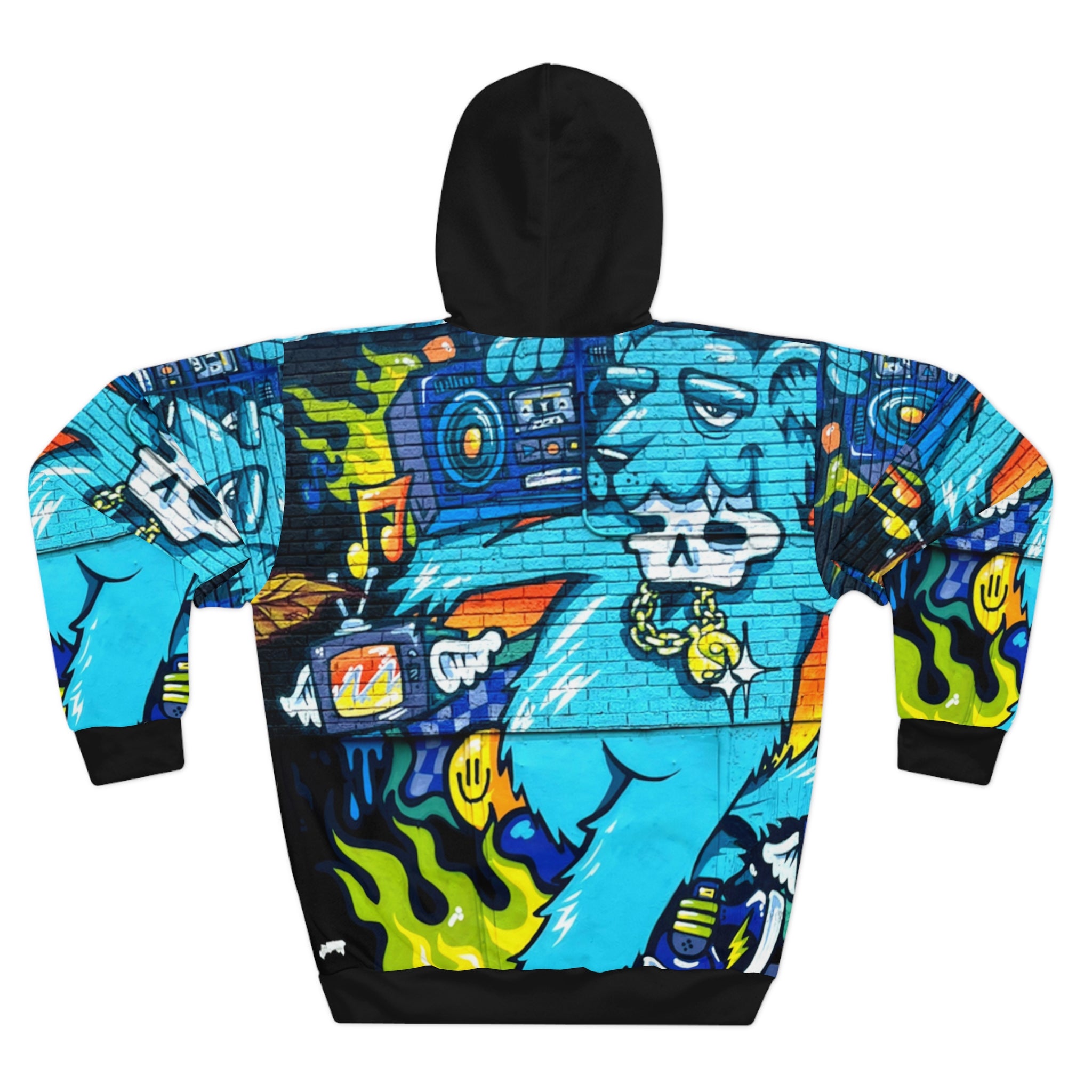 Rock On Graffiti Blue Monster Hoodie – All-Over Printed Streetwear Pullover