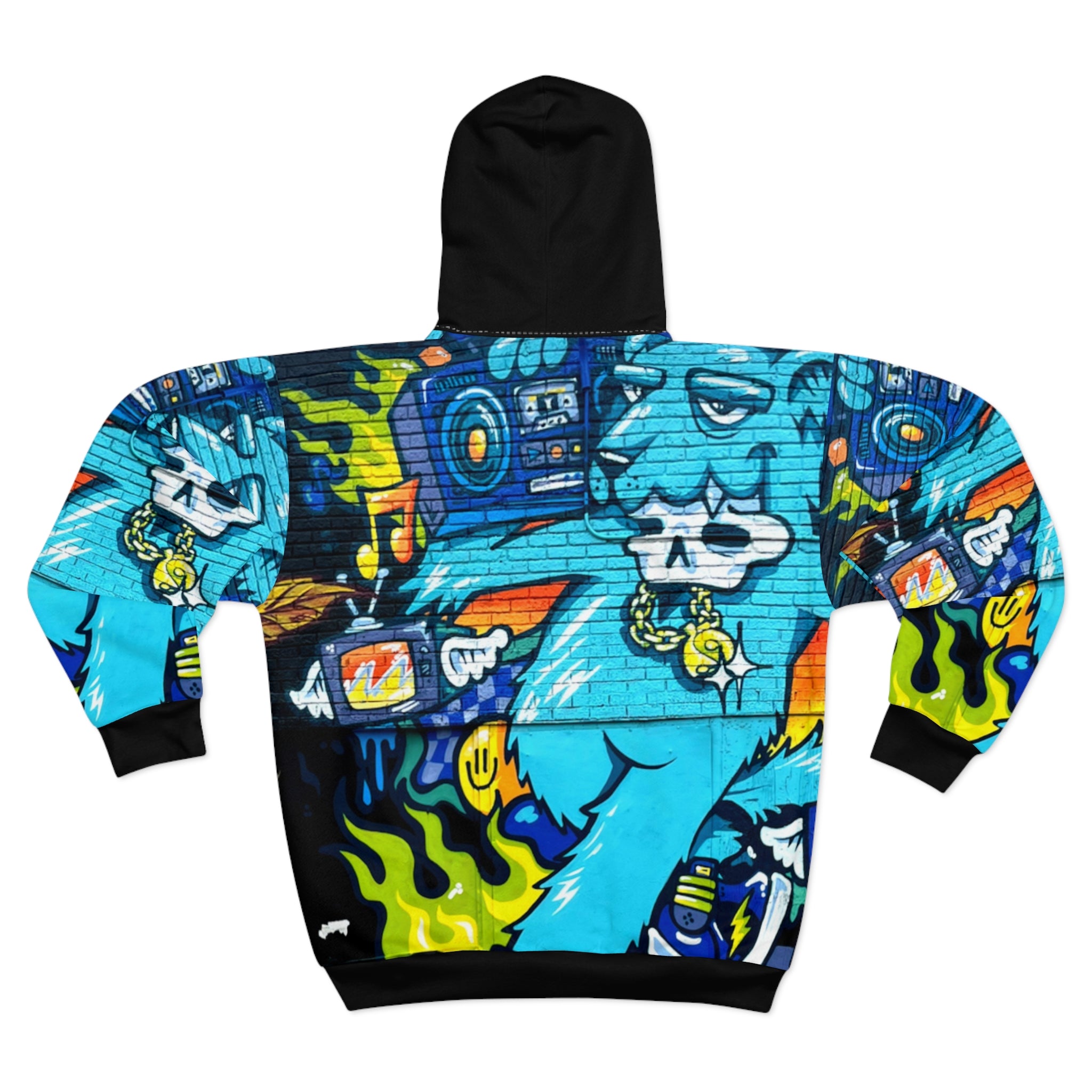 Rock On Graffiti Blue Street Art Zip Hoodie — Graffiti Skull Boombox Design