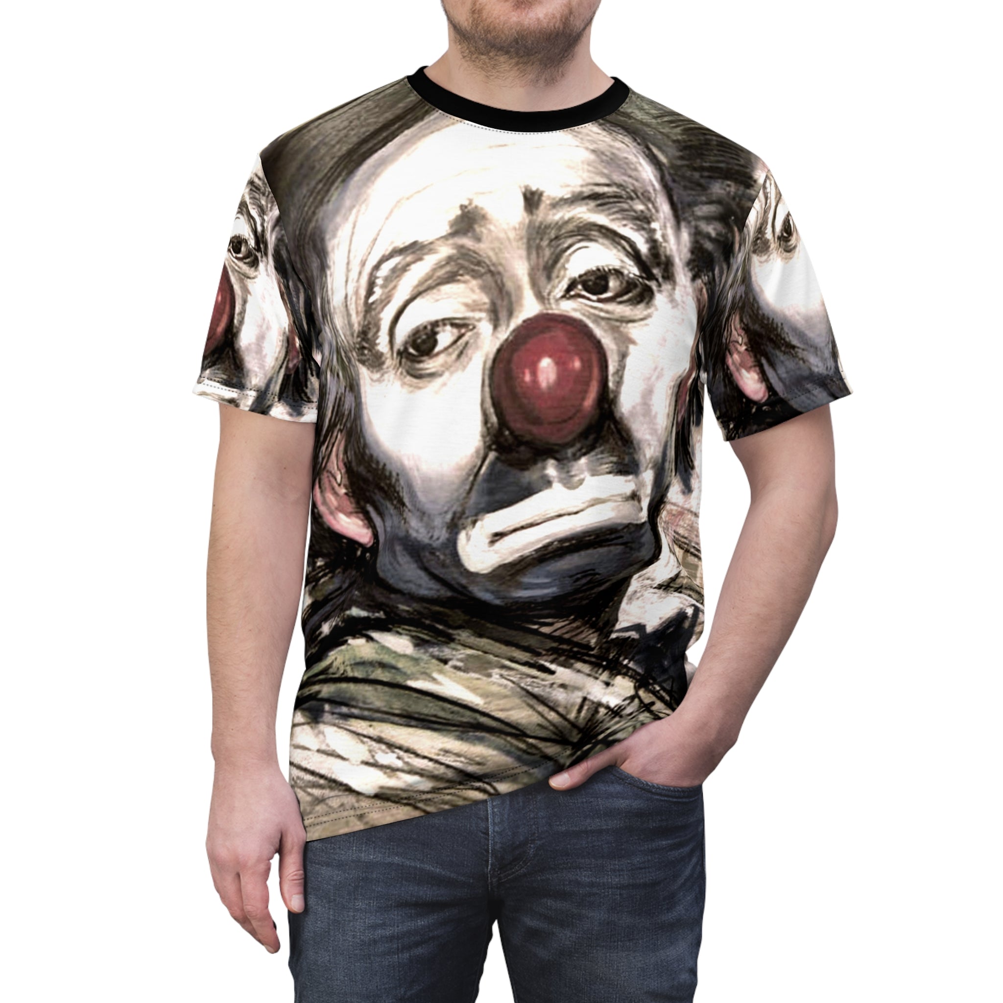 Ho Ho The Clown Clown Portrait Tee — Melancholic Red-Nose All-Over Print Shirt
